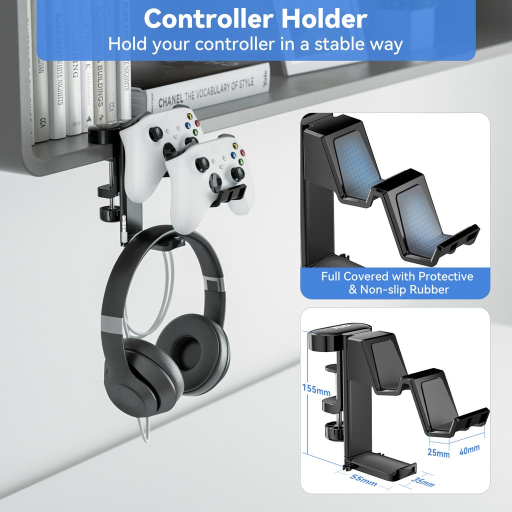 Desk Controller Holder 5 in 1 Rotating Headphone Hanger with Cup Holder Clamp On Desk Organizer Holds Controller Cup Cell Phone