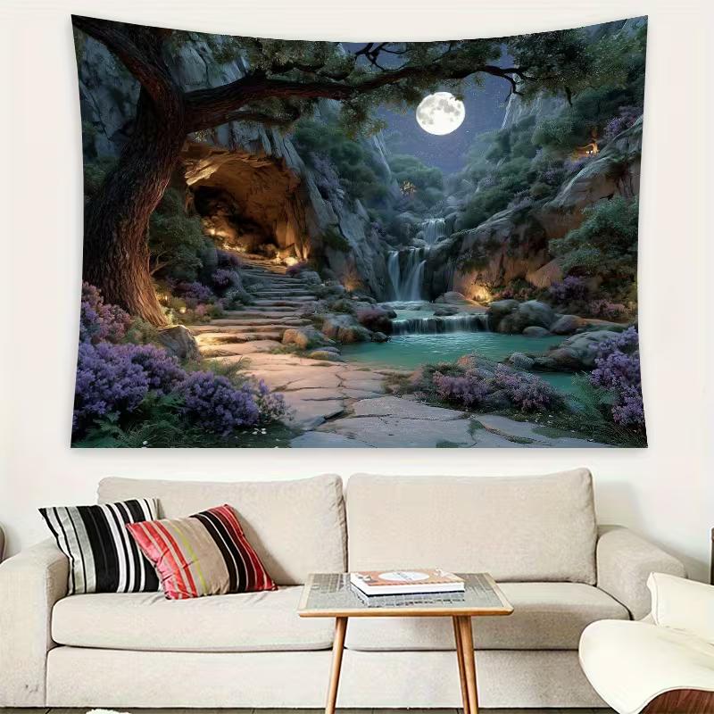 2D Magical Night Waterfall Backdrop Full Moon Cave & Purple Flowers Nature Photo Background