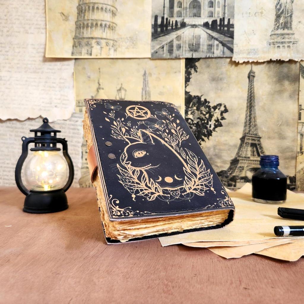 Cat Personalized Gift for Her Leather Dairy Journal Sketchbook Album with 100 Sheets of Deckle Edge Paper