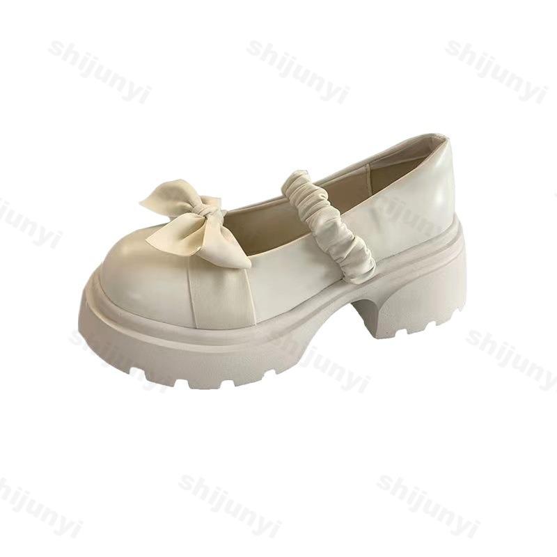 

Woman Chunky Mary Jane Shoes Fashion Bow Solid Classic Round Toe Loafers Spring Casual Versatile Slip on Flat Platform Shoes 35 бежевый
