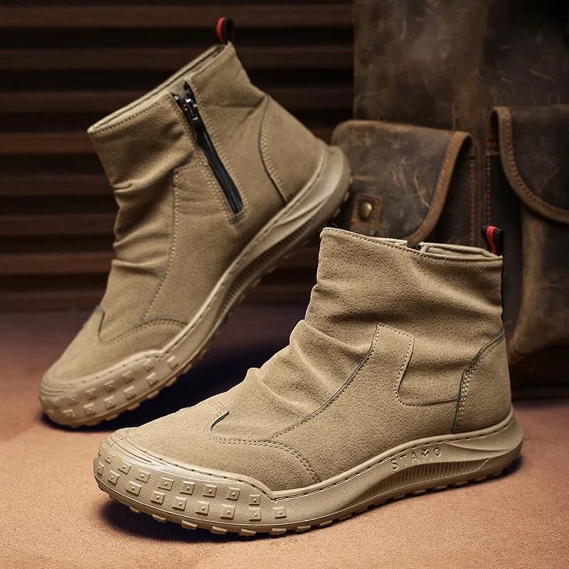 Fashion Mens Boots High Cut Workwear Shoes for Male Autumn Flat Zipper Pleated Non Slip Comfort Thick Soled Wear-resistant Fashion Boots