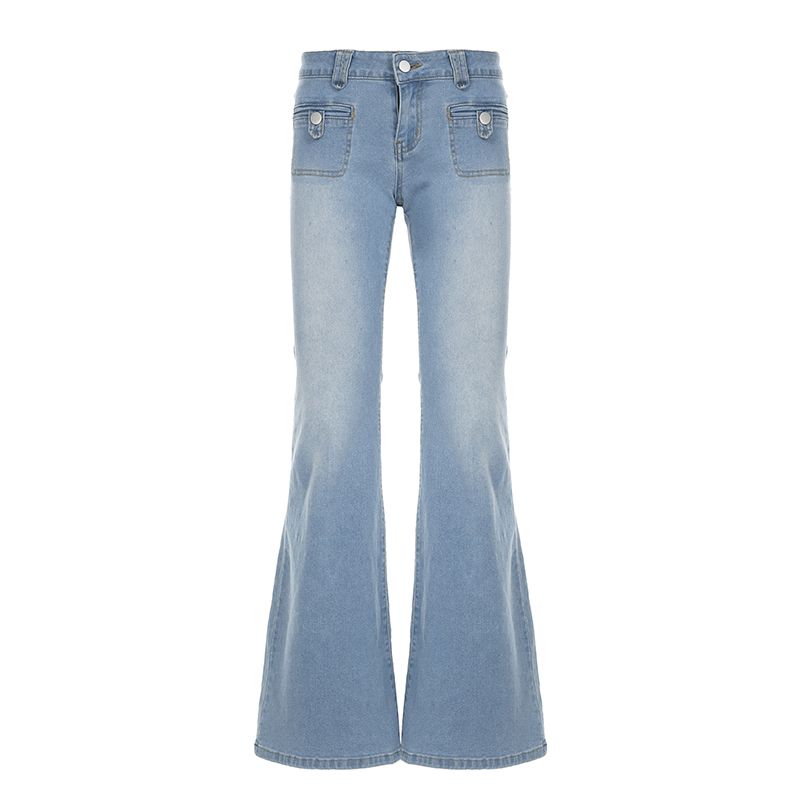 

H Home European and American Women s Clothing American Ins Style Small Pocket Light Blue Denim Women s Tight Design Low Waist Bootcut Trousers Blue S