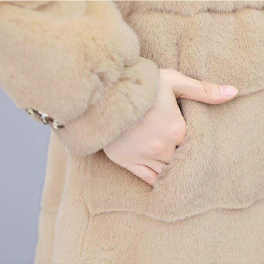 Verdicken Mittellange Kapuze Faux Nerz Pelzmantel Frauen Weiche Warme Plüsch Mantel Flauschige Jacke Winter Gestreiften Lose Oberbekleidung