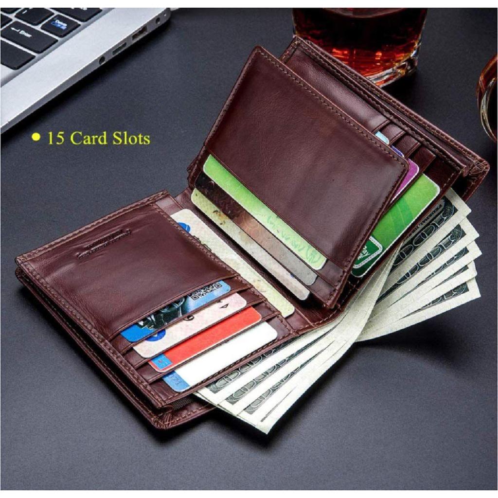 Genuine Leather Wallet | RFID Blocking Wallet for Men| 14 Card Slots, 1 ID Window | Large Capacity Can Hold Notes (Brown)