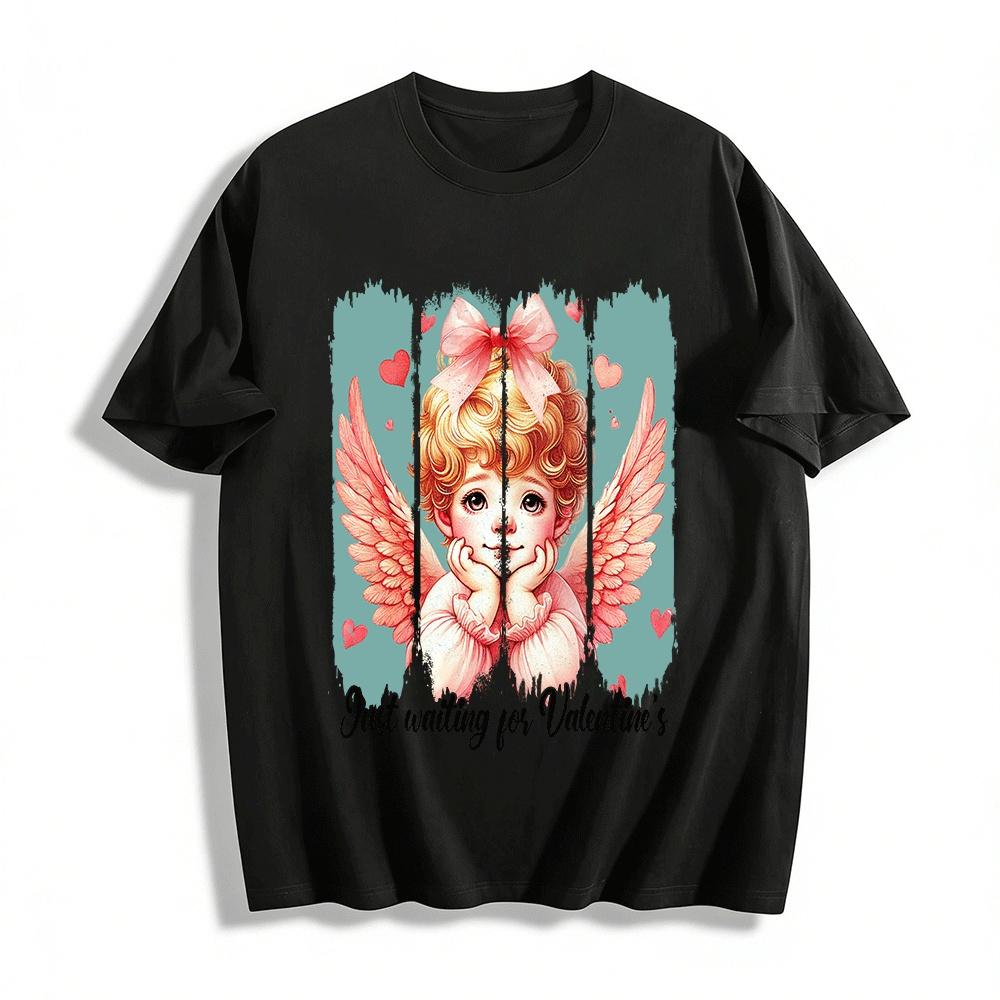 

Cute Angel Print Casual Top Just Waiting For Valentine s Pure cotton T-shirt XXS