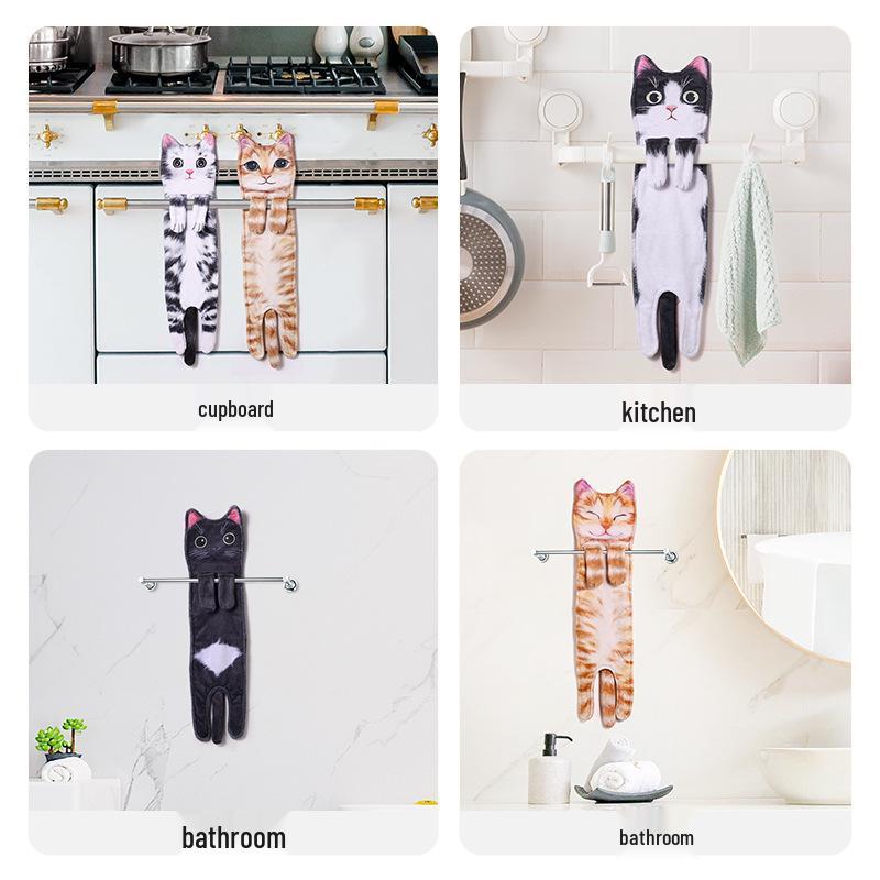 Ultra-Absorbent Cartoon Cat Hand Towel: Double-Layer Microfiber Hanging Cloth