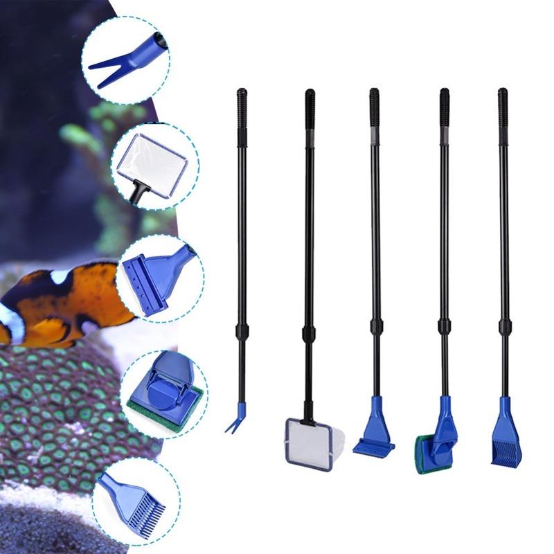 5 In 1 Aquarium Cleaning Tools Fish Net Gravel Rake Algae Scraper Fork Sponge Brush Glass Cleaner Aquarium Tank Clean Set