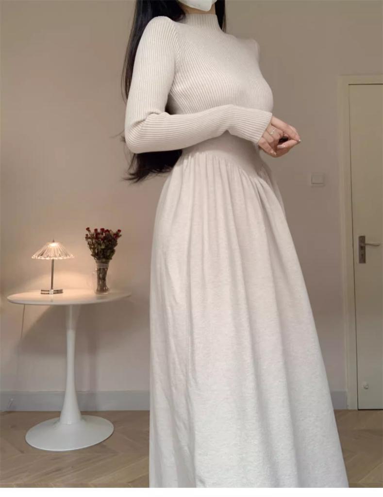 Apricot Long-sleeved Base Semi-turtleneck Knitted Dress for Women's Autumn and Winter Inner Fit Slim-fitting High-waisted A-word Sweater Long Skirt