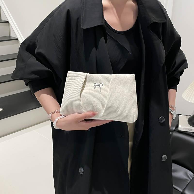 Yogodlns Fashionable Ins Embroidered Butterfly Knot Women's Clutch City Simple Style Corduroy Small Solid Color Purse