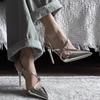 2026New Spring/Summer Silver Lacquer Leather Cross Button Strap Pointed Thin Heel Sandals for Women Sexy High Heel Single Shoes