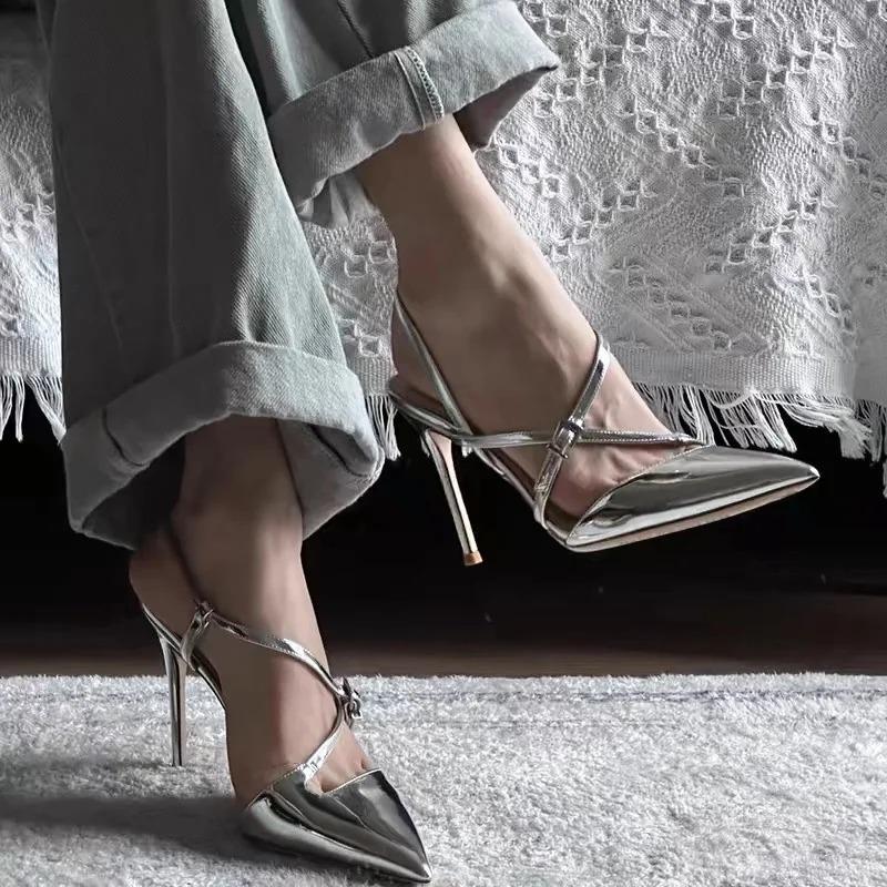 2026New Spring/Summer Silver Lacquer Leather Cross Button Strap Pointed Thin Heel Sandals for Women Sexy High Heel Single Shoes