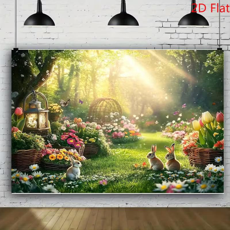 

2D Easter Bunny Polyester Backdrop, Spring Garden Forest Background for Easter Party Decor 47.2x31.5inch/120*80cm