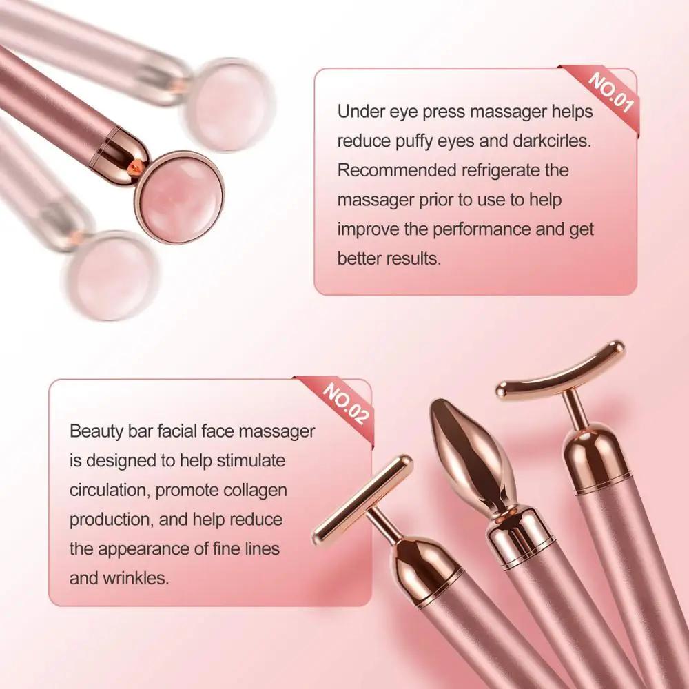 4 In 1 Vibrating Rose Quartz Roller Face Roller Eye Massager Jade Roller T/V Shaped Face Lifting Slimming Beauty Care Massager