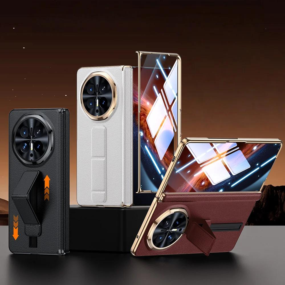 For Honor Magic V6 Genuine Leather Phone Case with Retractable Wrist Strap and Integrated Stand and Screen Protector