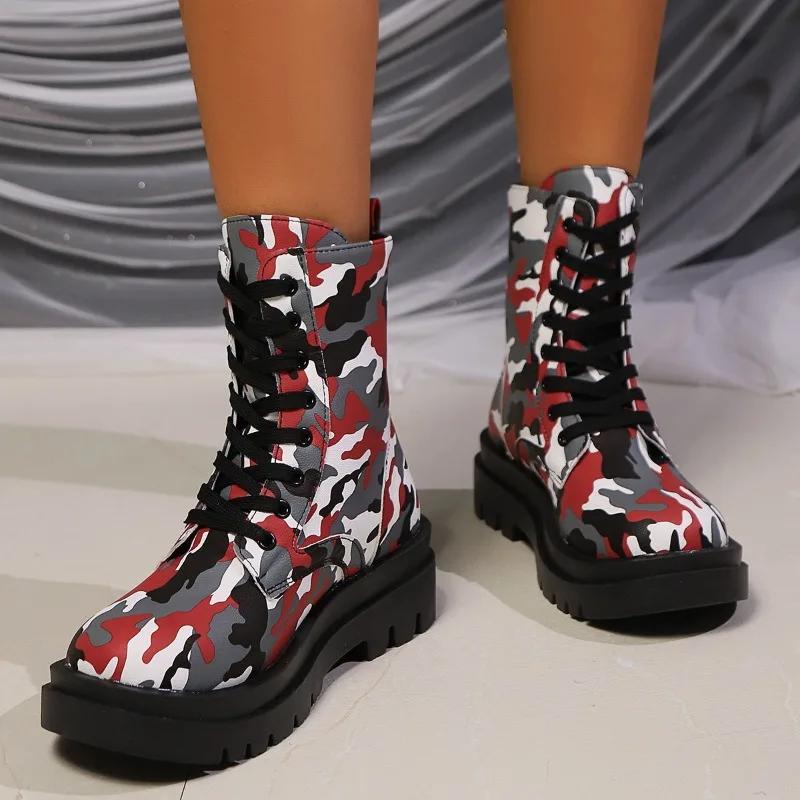 Fashion Plus Size Platform Modern Boots 2024 Shoes Female Ankle Women's Boots Women Mixed Colors Round Toe Med Heel Lace-up Shoes Women