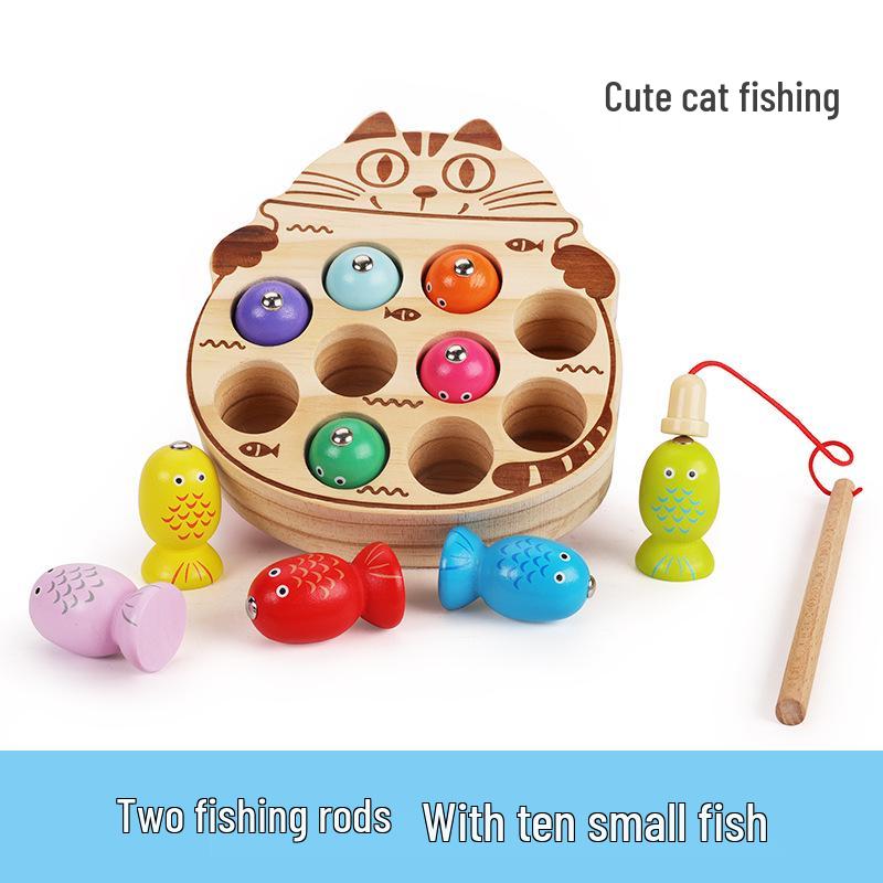 Magnetic Wooden Cat Fishing & Frog Game Toy for Kids