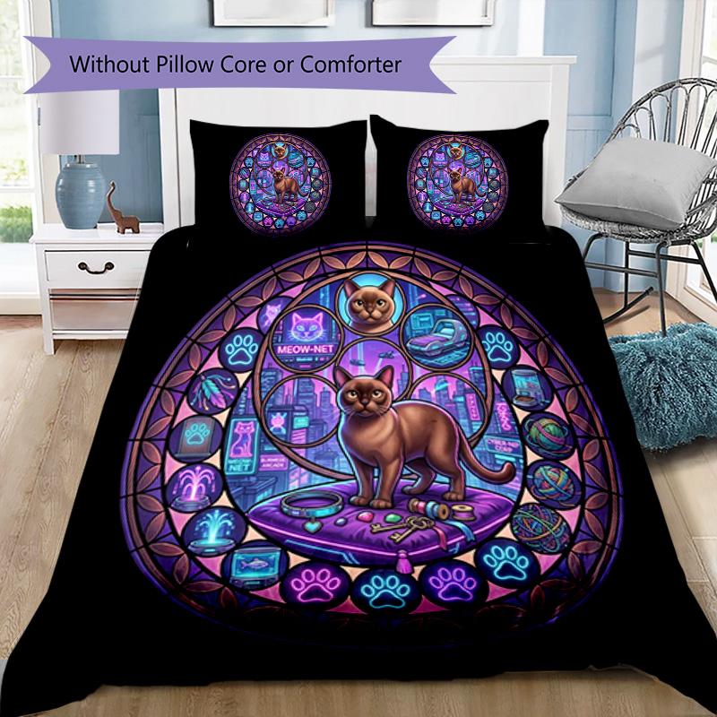 Cyberpunk Cat Oasis Pattern Bedding,Quilt Set Quilt Cover Pillowcase Home Birthday Gift (1 * Duvet Cover + 2 * Pillowcase, Without Core)