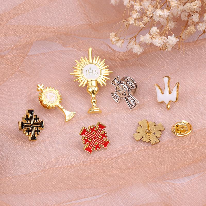 1Pc Catholic Christian Jerusalem Cross Brooch Badge Religious Jewelry Halo Gifts