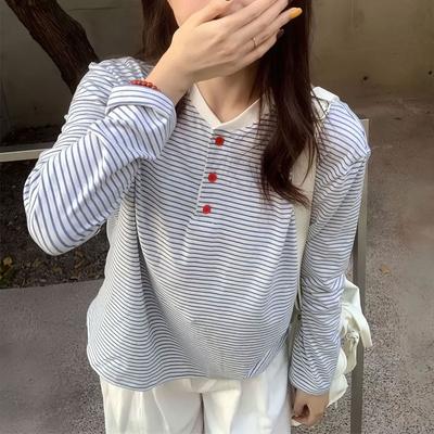 Jerséis de punto coreanos a rayas con cuello redondo y botones Otoño Colores contrastantes Ropa para mujer Elegantes Camisetas casuales de manga larga con empalmes