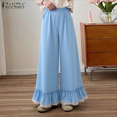 Damen Lässig Elastischer Bund Weite Hose mit Spitzeneinsatz