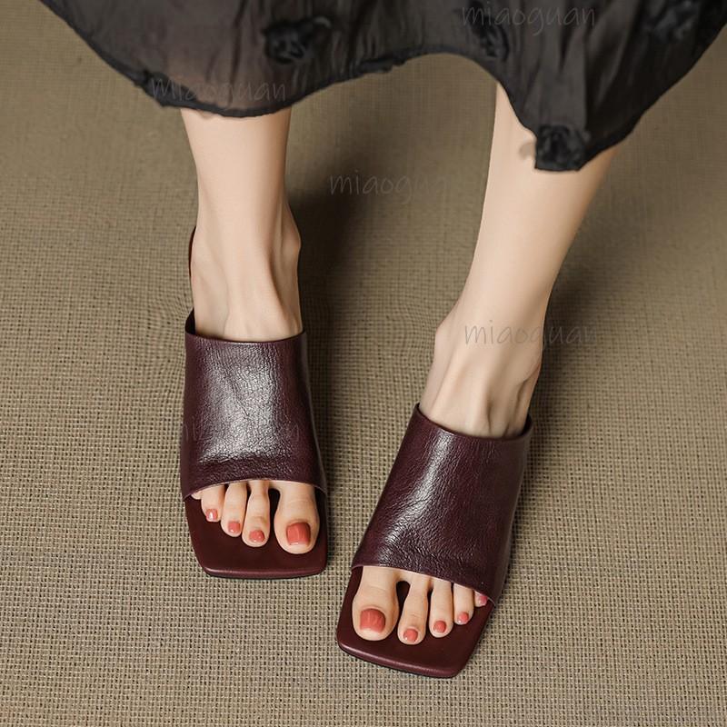 Fashion Vintage Fashion Lame Heel Slippers Women Summer New Square Open Toe Soft Leather Slip On Sandals Sandalias De Mujer Black Red
