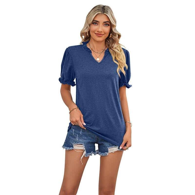 Summer Fashion V-Neck Tops Sweet Casual Shirt 2023 Puff Short Sleeve Blouse Female Loose Elegant Shirt Women Mujer 26031