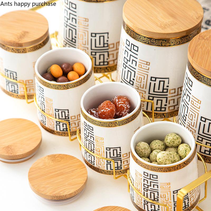 Kitchen Supplies Food Storage Box 7 Piece Set Whole Grains Ceramic Airtight Jar Storage Tank Wooden Cover Storage Home Organizer