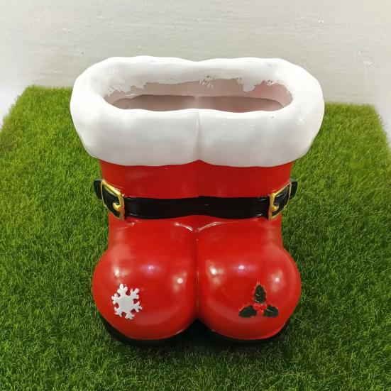 Jultomtens Stövlar Planter Röd och Vit Harts Jultomtens Stövlar Blomkruka med Spänne och Snöflingeaccenter Jul Bordsdekoration för Spiselhylla