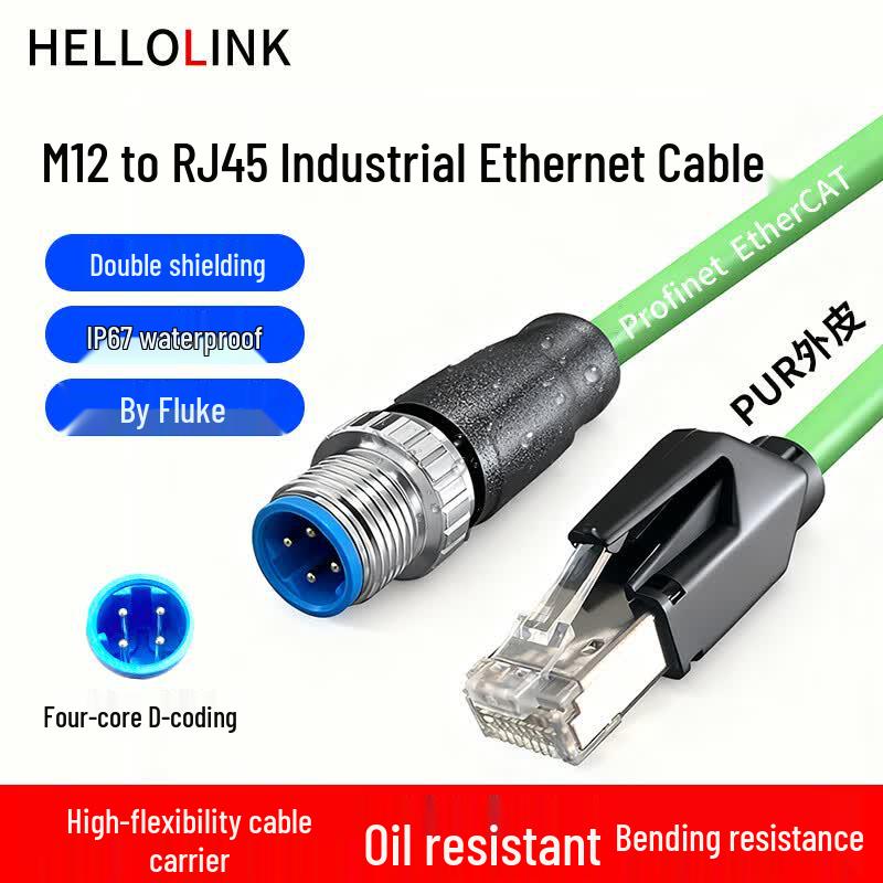 hellolink M12 4-Pin D-Coded to RJ45 Industrial Ethernet Cable