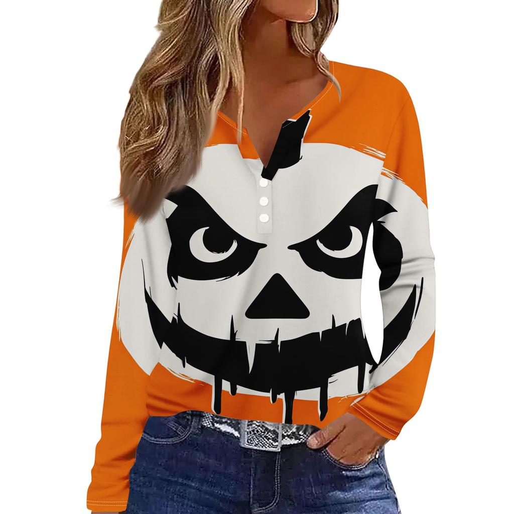 Women's Long Sleeve V-Neck T-Shirt with Button and Halloween Print Casual Top