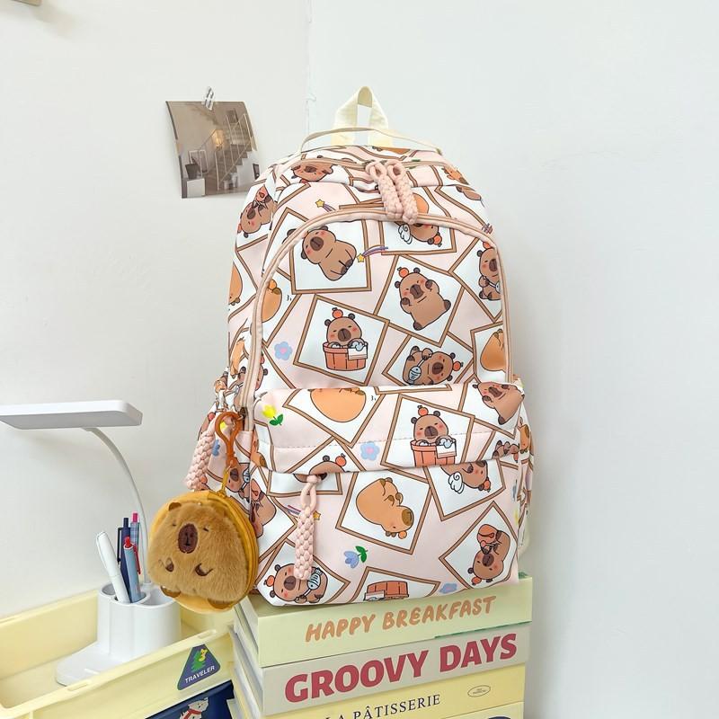 Capybara Theme School Backpack Nylon Waterproof Durable Breathable For Teen Students
