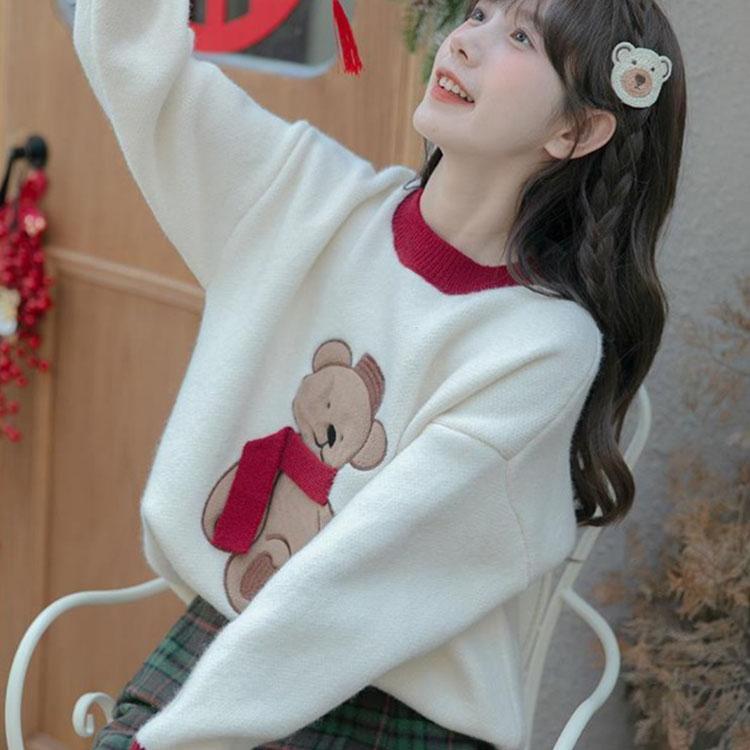 

Свитер с круглым вырезом и вышивкой «Маленький медвежонок» для женщин, весна и осень 2023, повседневный универсальный свободный пуловер, вязаный свитер, женский