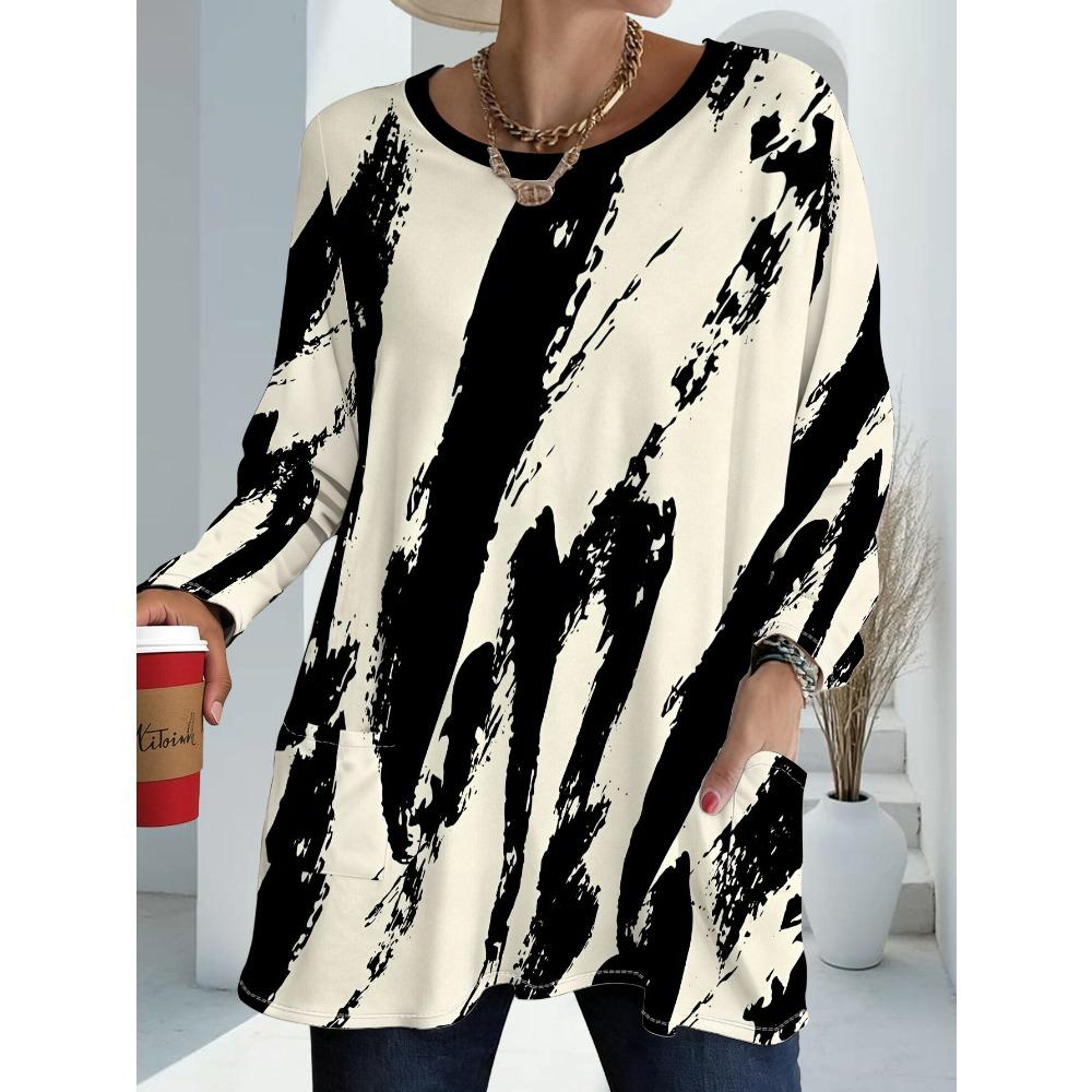 Women's Plus Size with Pocket Design Loose Abstract Printed Long Sleeve T-Shirt Women's Summer Fashion Versatile Top