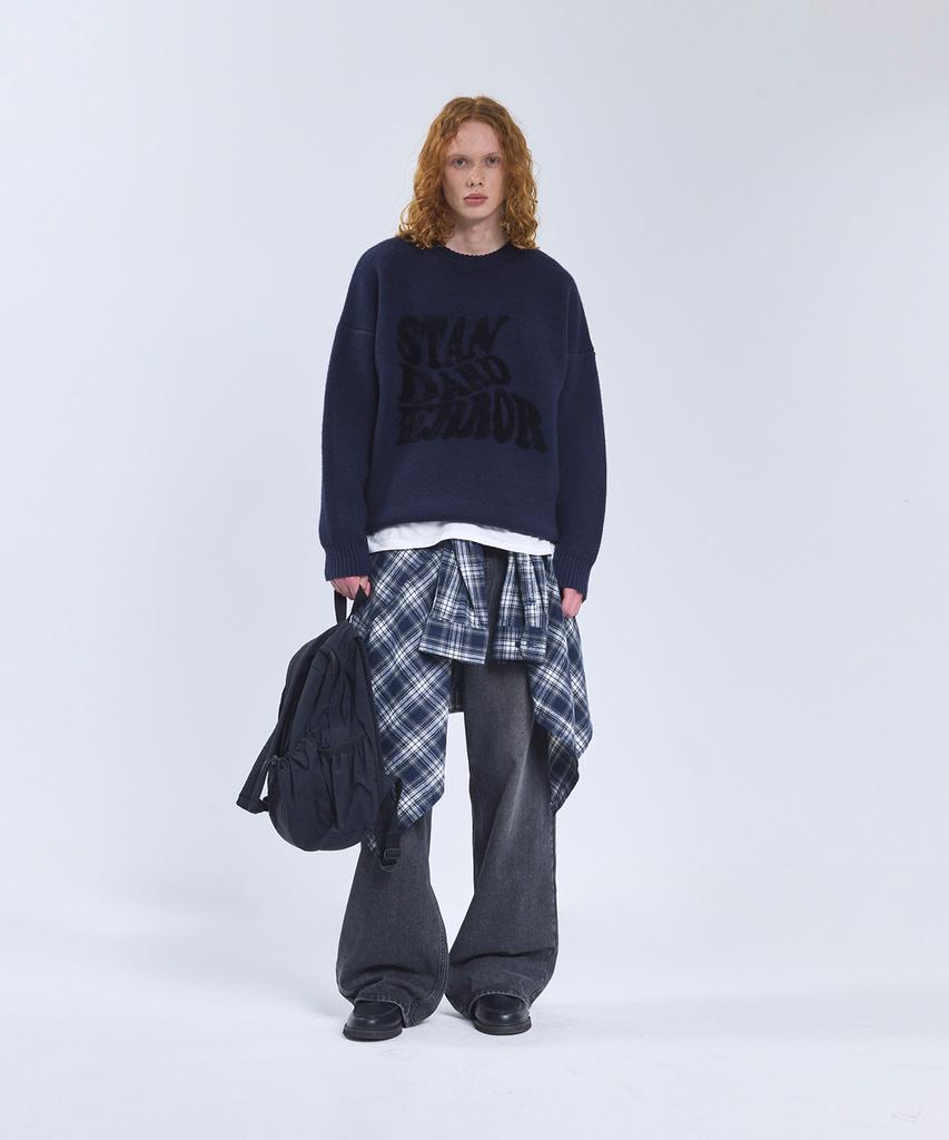 STANDARDERROR 87-Stan192 Pullover Brushed Lettering Jacquard Knit Navy