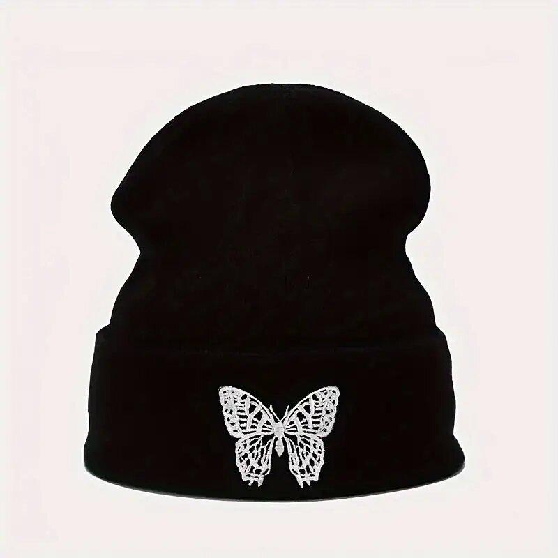 Unisex Warm Knit Beanie with Butterfly Embroidery Adjustable чёрный