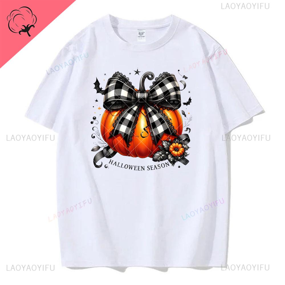 Women Ghost Pumpkin Bat Print Round Neck Pullovers Funny Halloween Costume Cotton Shirt Graphic T Shirts Y2k Top Harajuku Tops