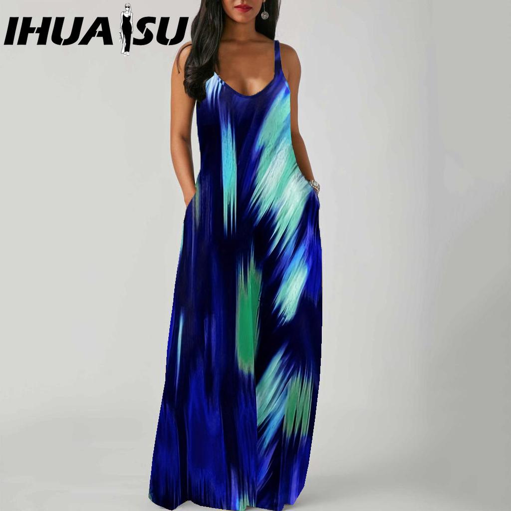 IHUASU Elegant Fashion Floor Length Sleeveless V Neck Simple Women Summer Retro Printed Loose Waist Straight Dress