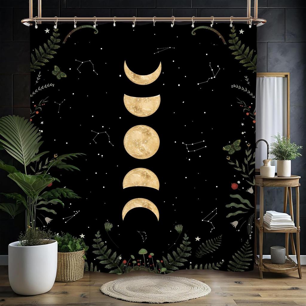 Witchy Gothic Shower Curtain - Moon Phase & Teal Wildflower Design,Mysterious Night Botanical Polyester,60x71 Inch with 12 Hooks