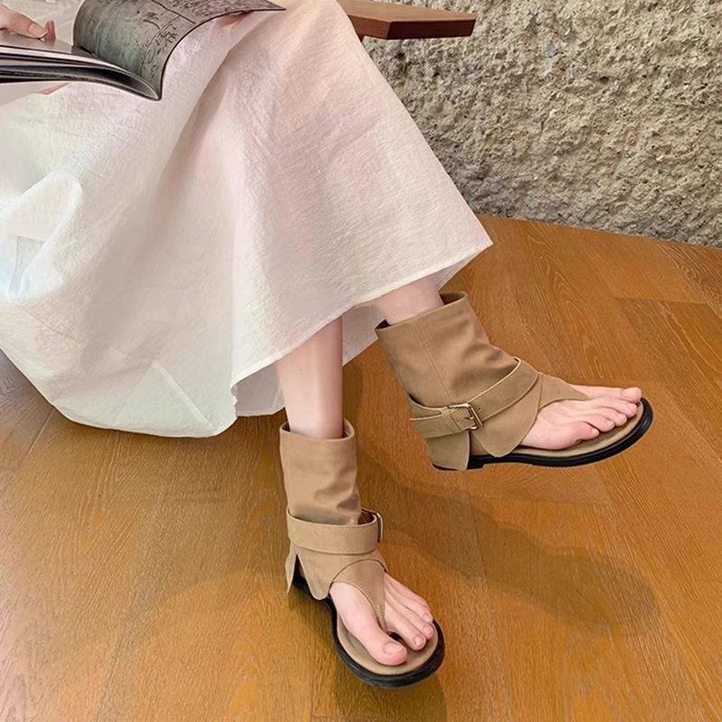 Fashion toe cool boots cover boots summer 2025 new casual versatile round head personalized herringbone Roman sandals