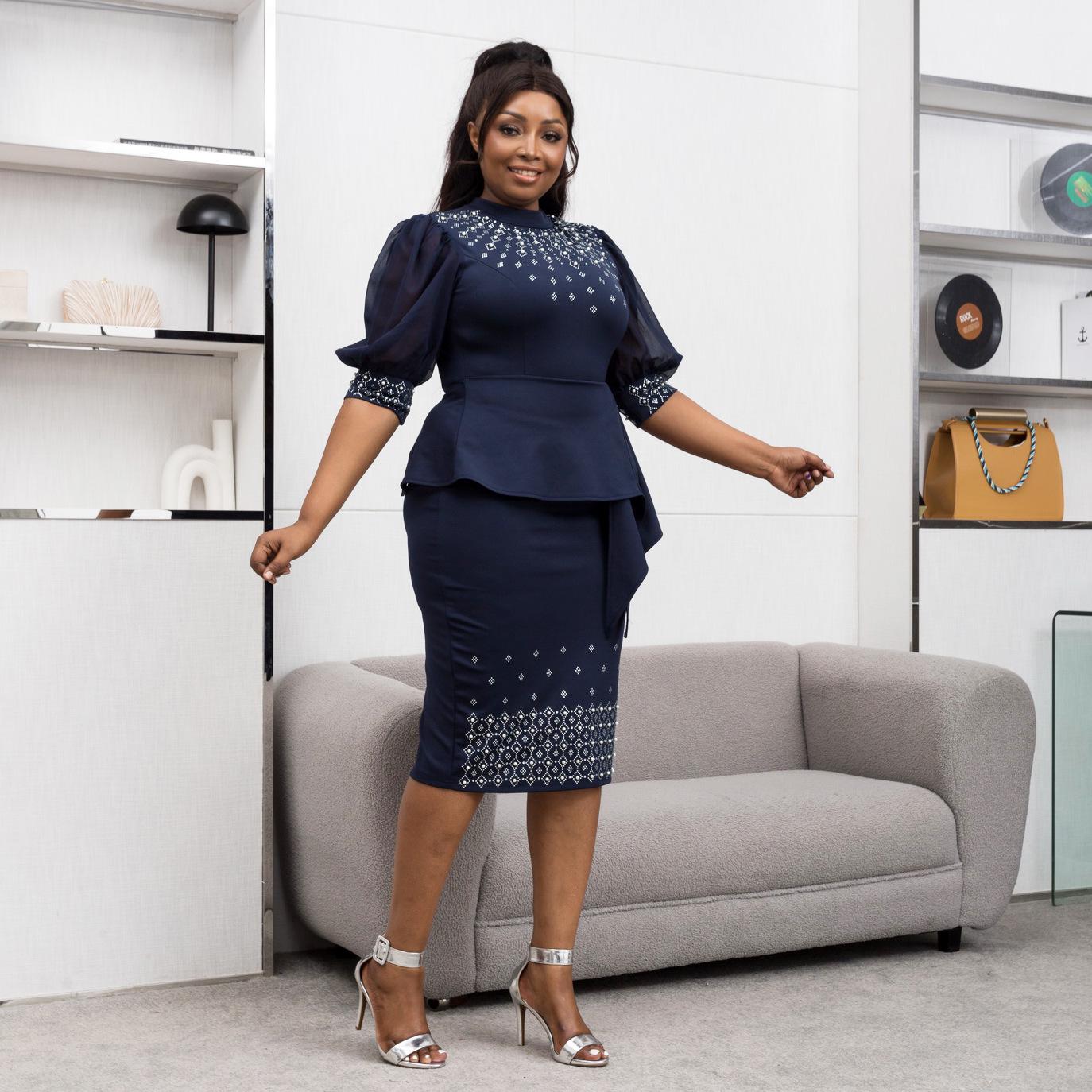 

Женское платье с рукавами-фонариками, затягивающее талию, в африканском стиле, с бисером XL темно-синий