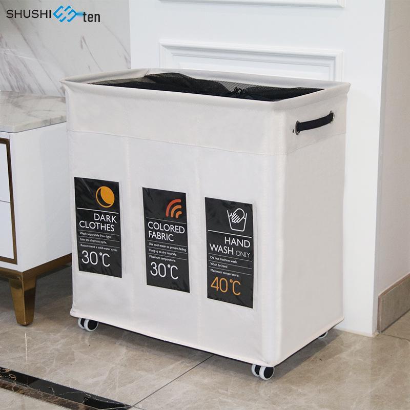 Junhao Three-Compartment Foldable Laundry & Toy Storage Basket with Silent Casters & Extended Handle
