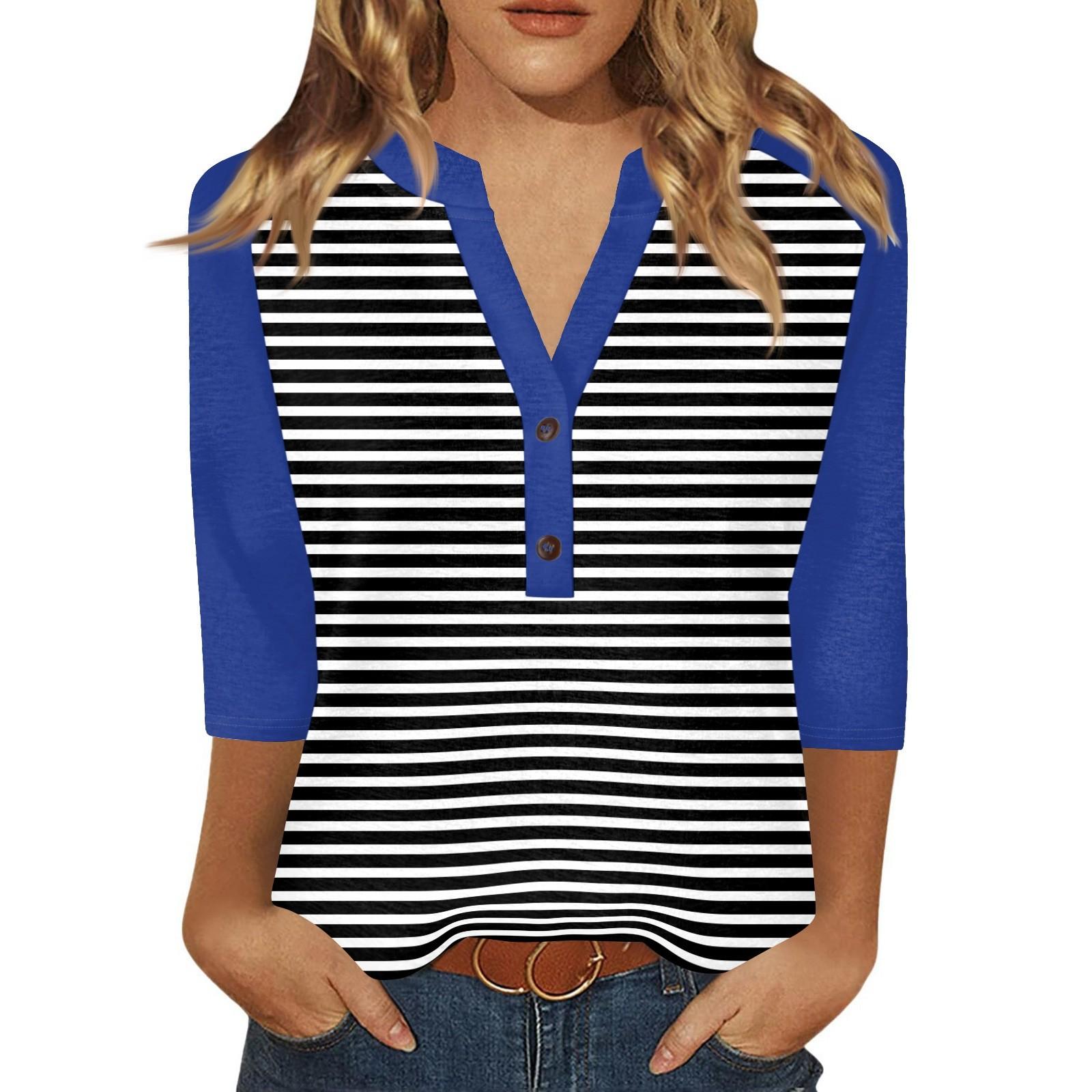 

Жіноча футболка з принтом на ґудзиках з рукавами 3/4, щоденна мода на вихідні, звичайний топ із V-подібним вирізом S синій