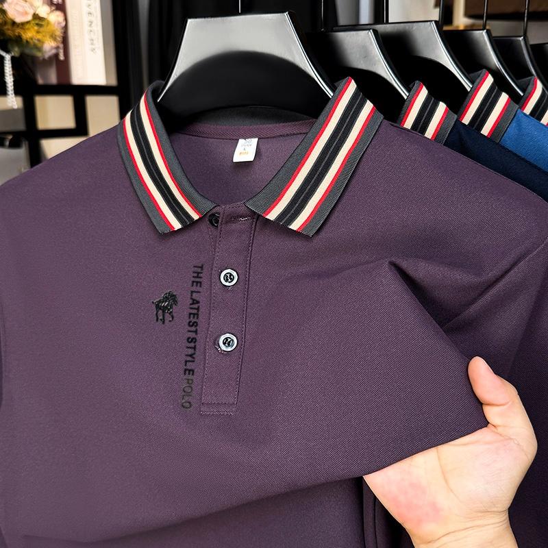 Wovey Heren Kleurcontrast Kraag Polo Herfst Collectie Exquise Print Lange Mouwen T-shirt Top Zakelijke Herenkleding 4XL paars