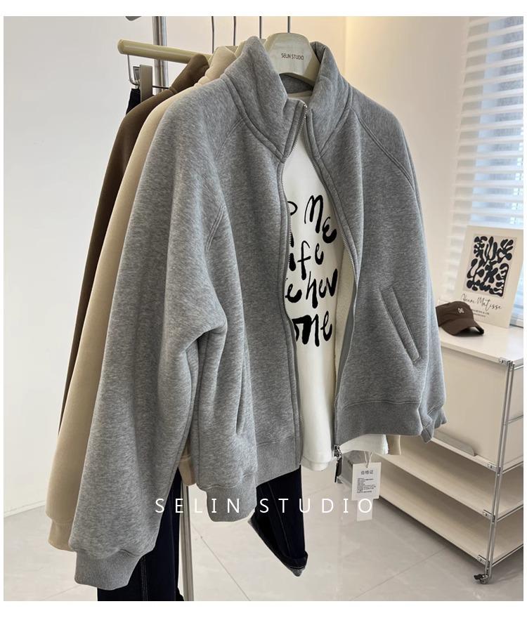 Women's Lambswool Fleece-Lined Stand Collar Zip-Up Cardigan – Thick, Versatile, Loose-Fit Winter Outerwear