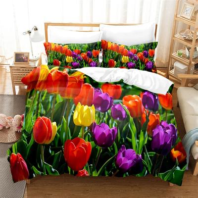 Ensemble de literie motif tulipes Housse de couette en duvet Housse de couette imprimée numériquement en 3D Ensemble trois pièces