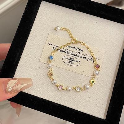 Women's Colored Cubic Pearl Gold Chain Bracelet