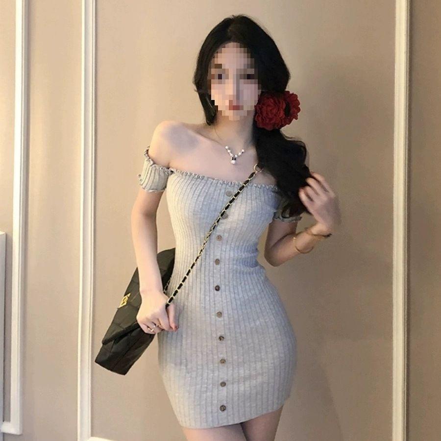 

One-Shoulder Sexy Tight Bodycon Ice Silk Buttoned Waist-Cinch Short Dress M: 95-110 lbs серый