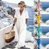 Solid Color V-neck Cotton and Linen Short-sleeved Casual One-piece Long Dress Summer Women's Thin Style