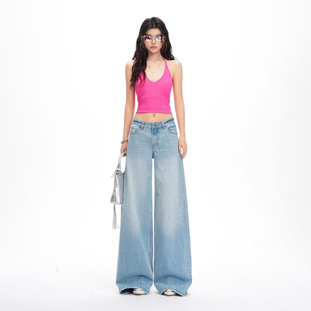 Women's American Retro Light Wash Mid-Rise Ripped Wide Leg Floor-Length Jeans