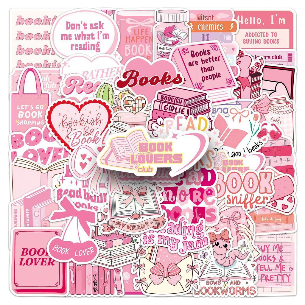 50 Pink Romantic Bookish Stickers - Waterproof DIY Decorative Reading Stickers